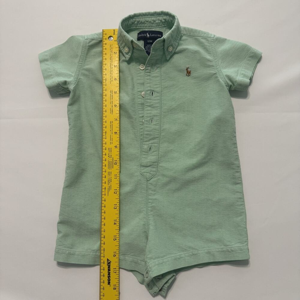 Ralph Lauren Vintage Boys Green Oxford Pony Logo Button Down Romper, Green ,12M - Picture 4 of 10